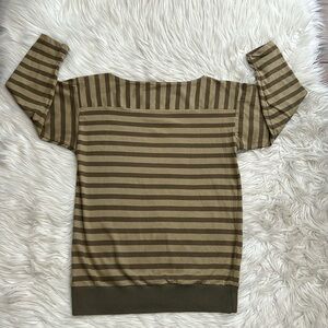 Vtg Liz Claiborne Striped Olive Green Tones Pullover Tee 100% Cotton Size M